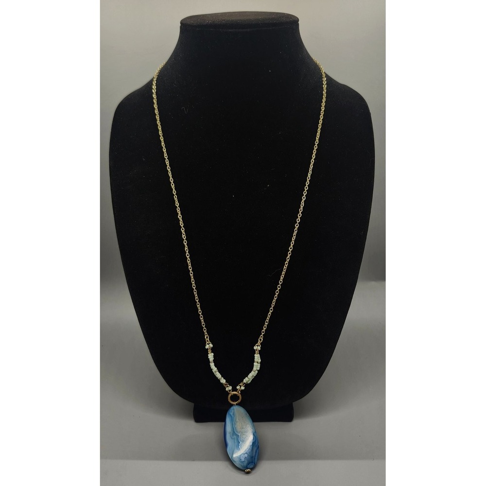 Blue Agate Statement Pendant Necklace Gold Tone Chain Seed Bead Long